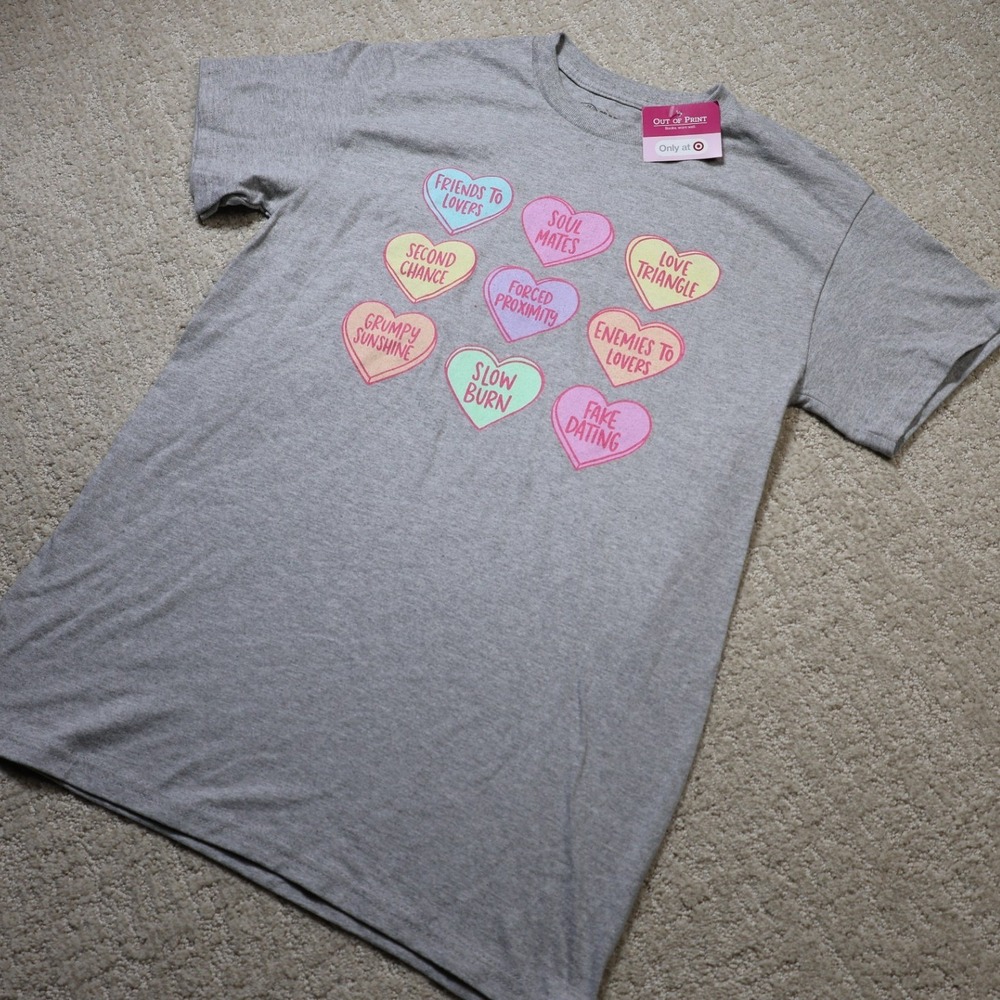 Out of Print Romance Tropes Bookish T-Shirt Gray Hearts Target Exclusive S